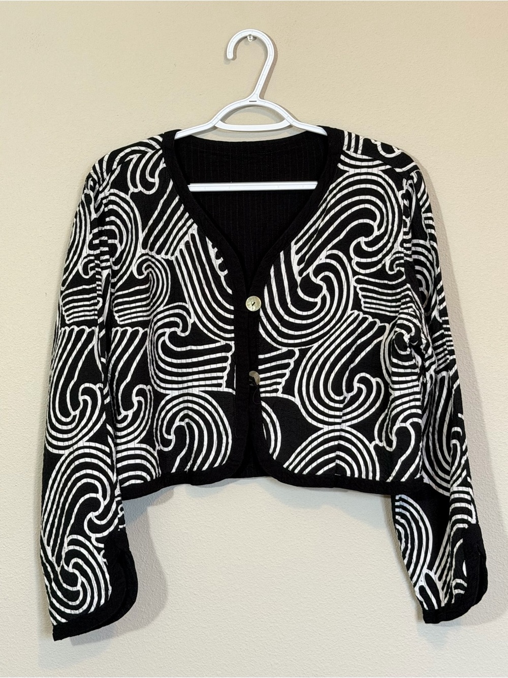 Black & White Patterned Cropped cotton quilted Cardigan Sweater, reversible